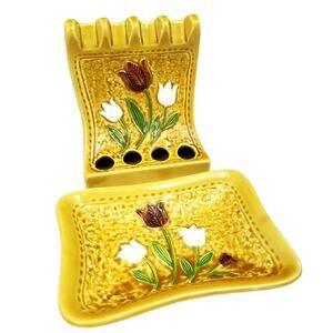 1940s MCM I.W. Rice & Co Ceramic Trinket Soap Dish And Toothbrush Vase Set Japan